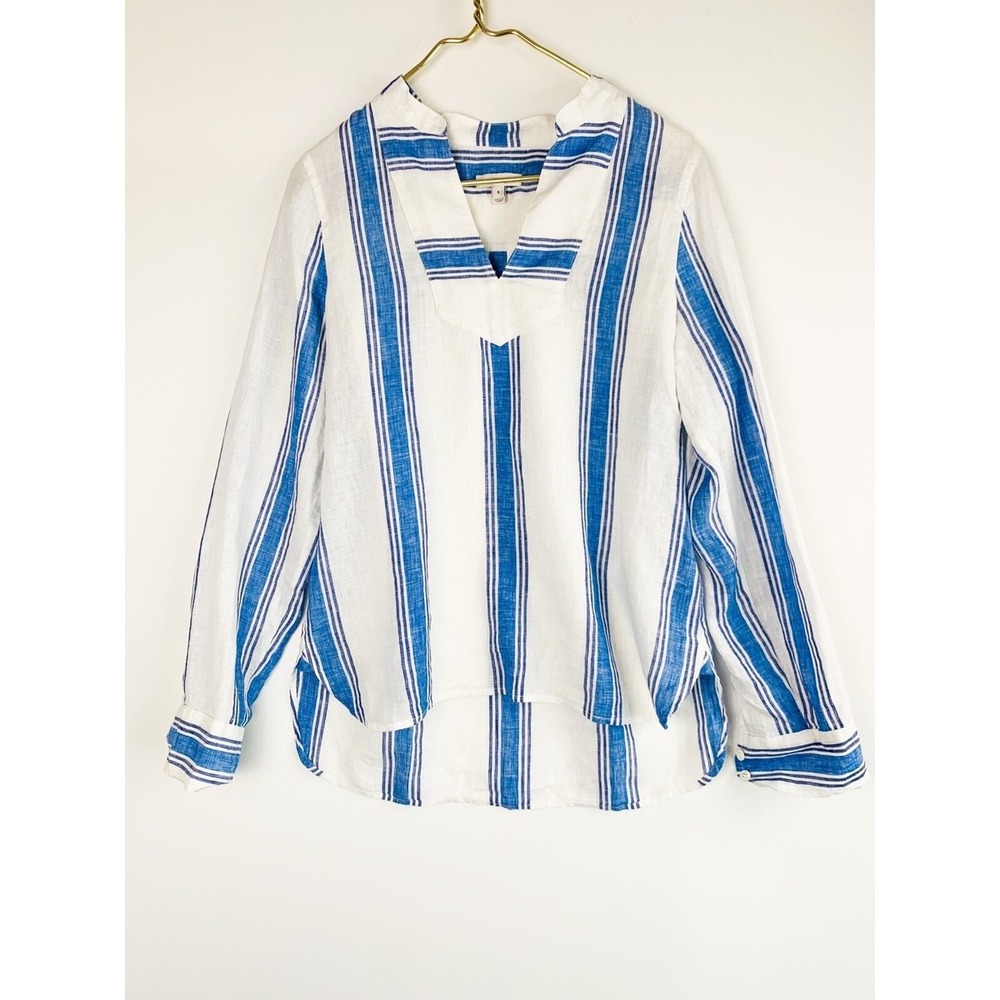 J.Crew 100% Linen‎ Striped Tunic Top Blue White Long Sleeve Women's XS Coastal